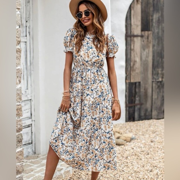 Shein White dress with yellow/orange flowers and blue designs - Picture 2 of 7